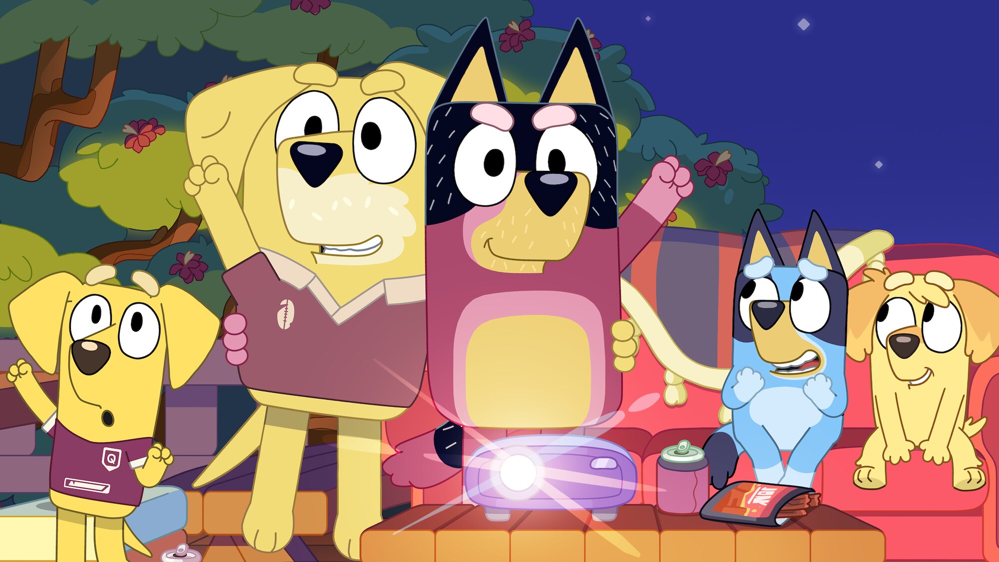 Bluey a Chucky při rodinném sledování ragby – tiskový snímek seriálu Bluey