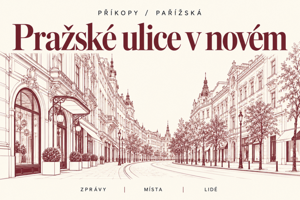 Ilustrační titulní grafika Pražské ulice v novém v krémových a vínových barvách