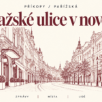 Ilustrační titulní grafika Pražské ulice v novém v krémových a vínových barvách